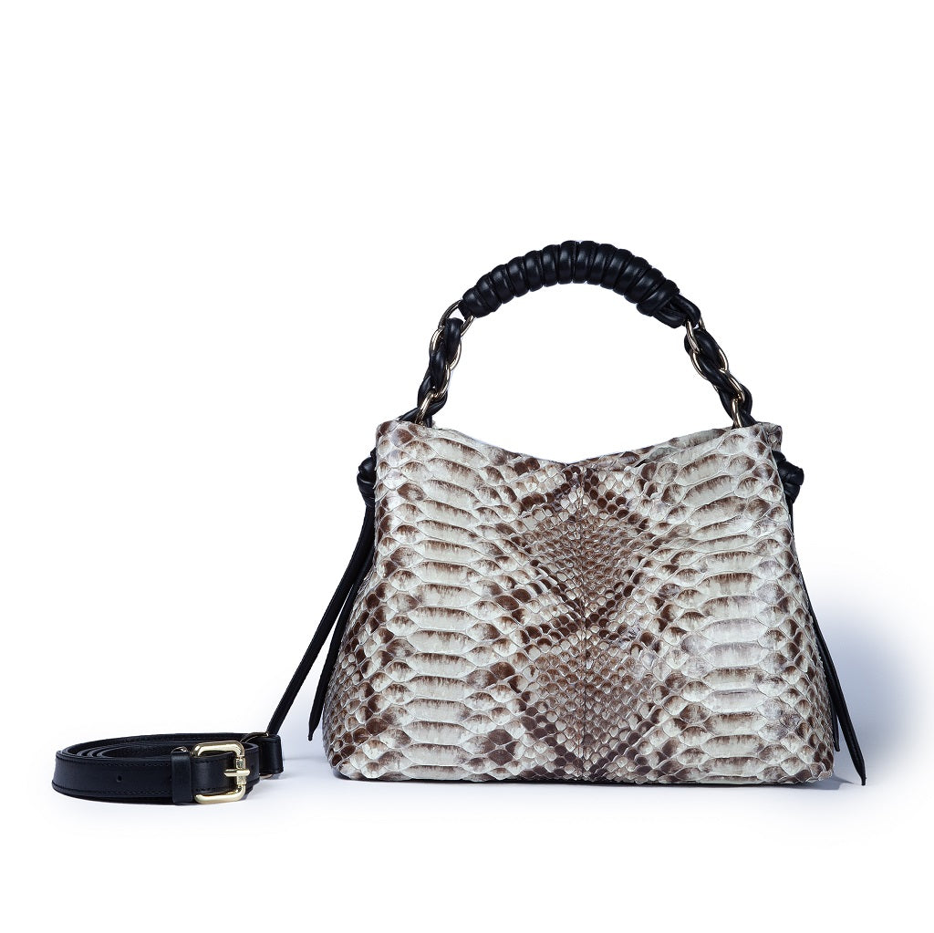 Amina Pitone small python handbag with leather finishes, wrapped tubular handle and detachable shoulder strap