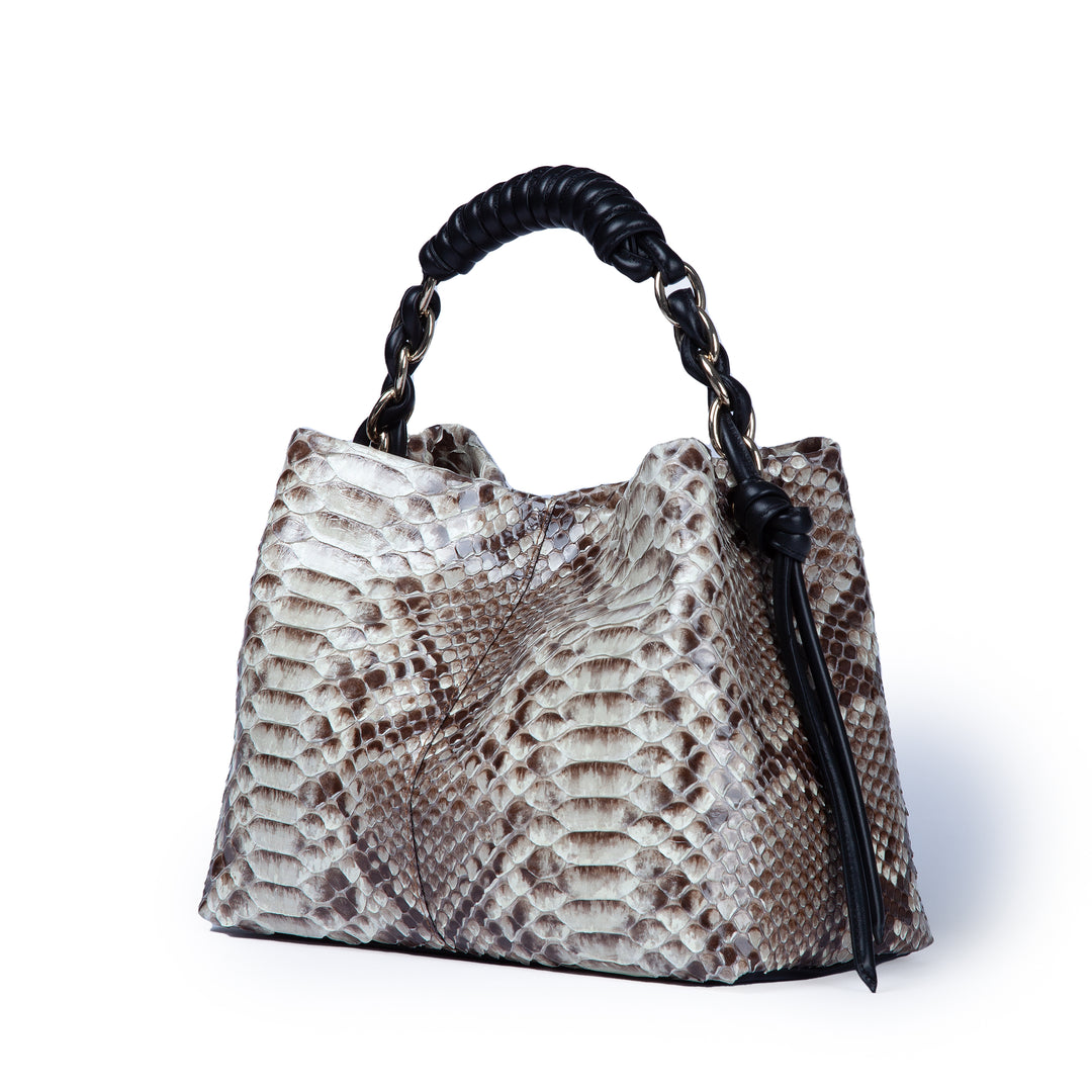 Amina Pitone small python handbag with leather finishes, wrapped tubular handle and detachable shoulder strap