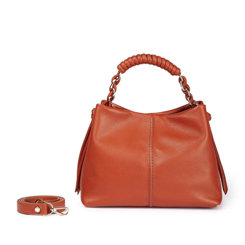 Amina small leather handbag with wrapped tubular handle and detachable shoulder strap