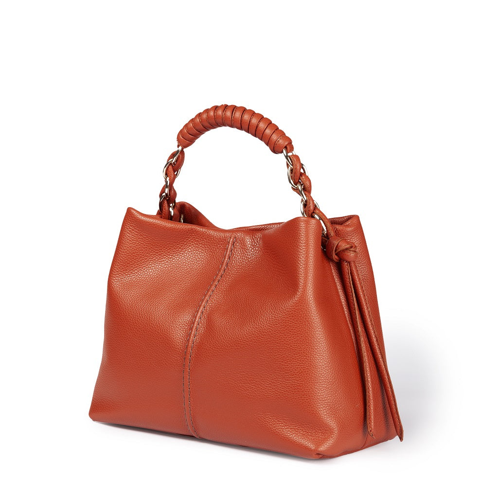 Amina small leather handbag with wrapped tubular handle and detachable shoulder strap