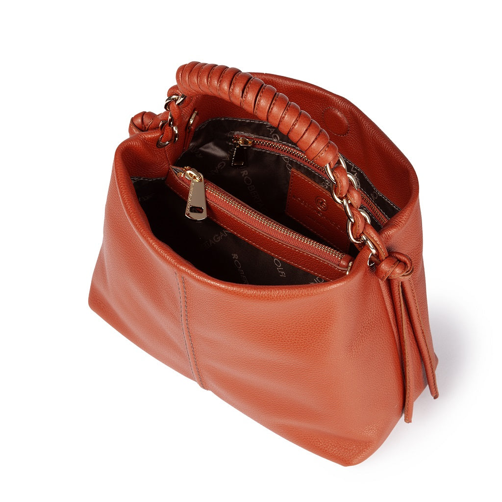 Amina small leather handbag with wrapped tubular handle and detachable shoulder strap