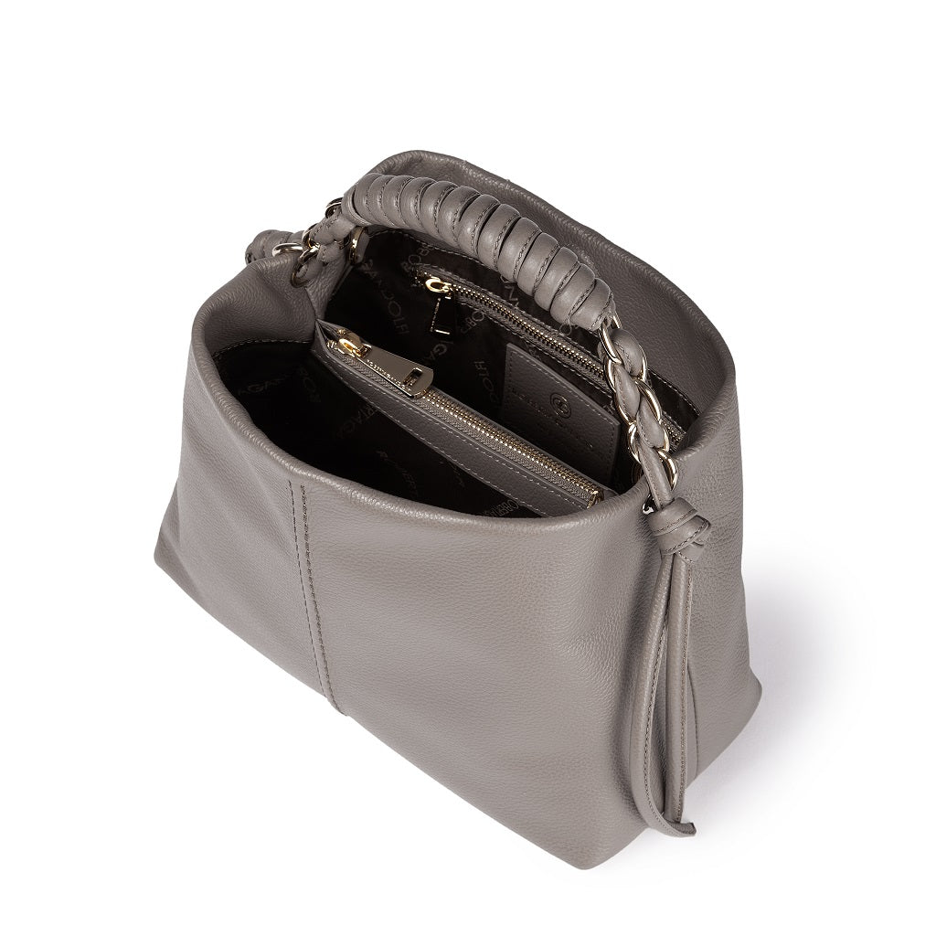 Amina small leather handbag with wrapped tubular handle and detachable shoulder strap