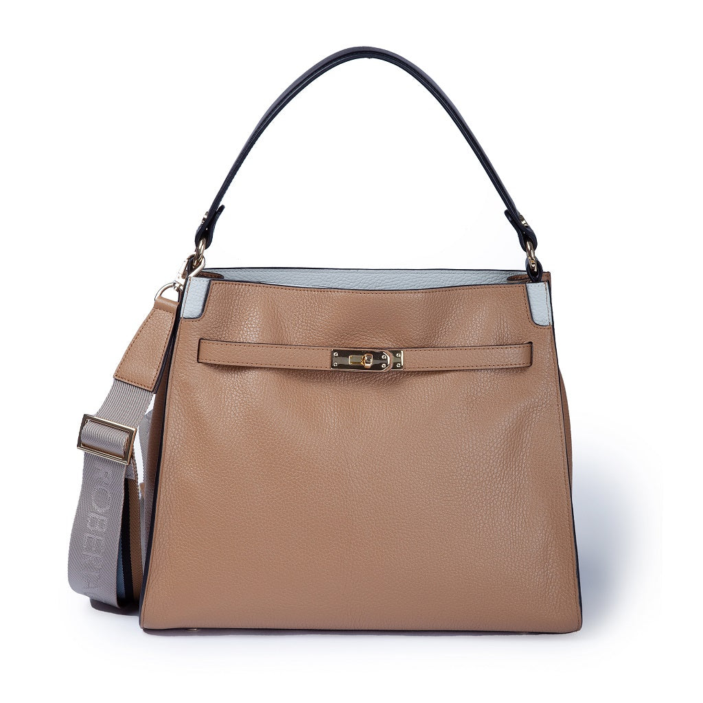 Frida Satchel in grained leather with adjustable fabric shoulder strap