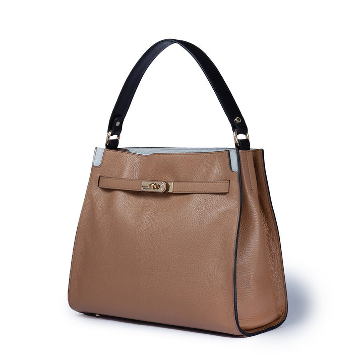 Frida Satchel in grained leather with adjustable fabric shoulder strap