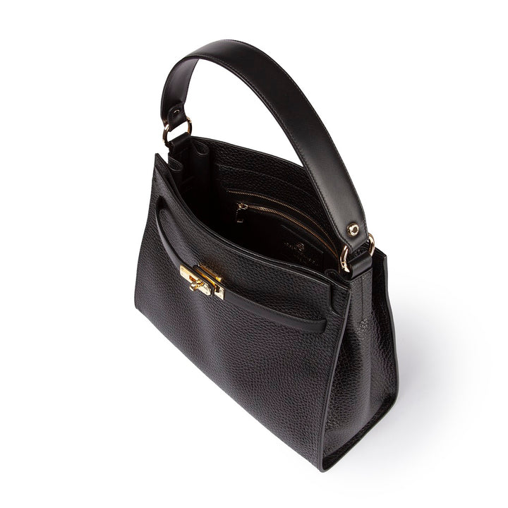 Frida Satchel in grained leather with adjustable fabric shoulder strap