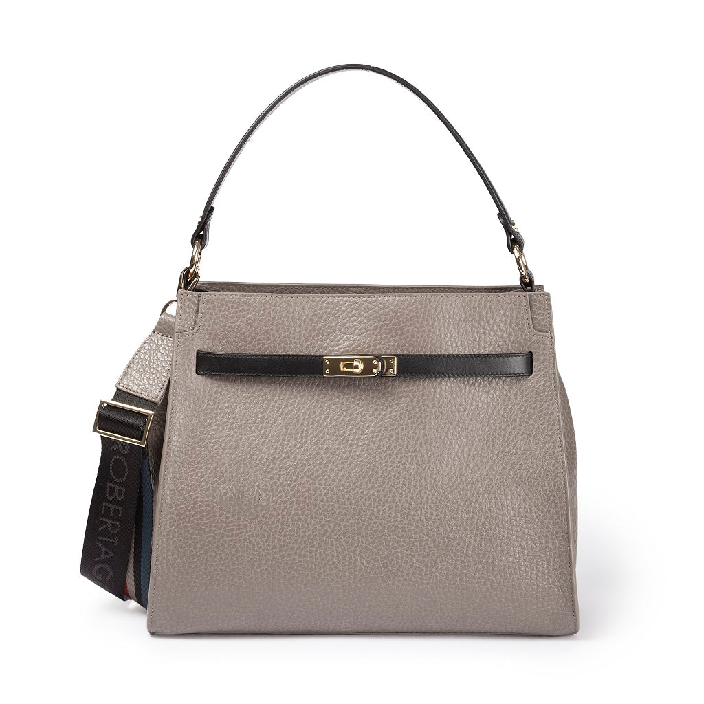 Frida Satchel in grained leather with adjustable fabric shoulder strap