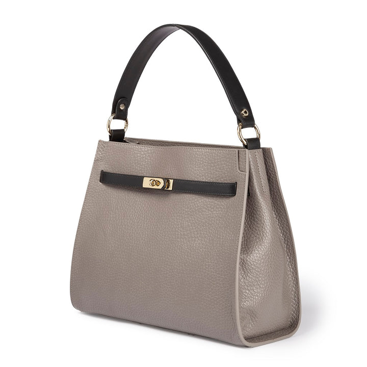 Frida Satchel in grained leather with adjustable fabric shoulder strap