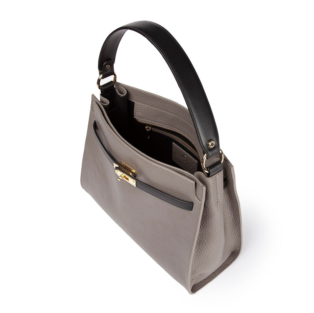 Frida Satchel in grained leather with adjustable fabric shoulder strap