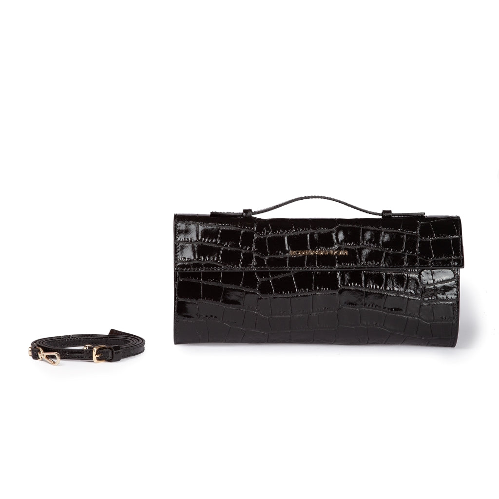 Nicole cocco clutch bag in crocodile print leather with retractable handle and detachable and adjustable shoulder strap