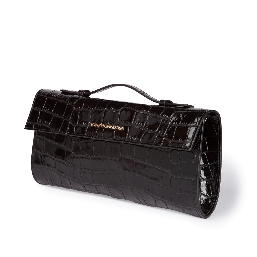 Nicole cocco clutch bag in crocodile print leather with retractable handle and detachable and adjustable shoulder strap