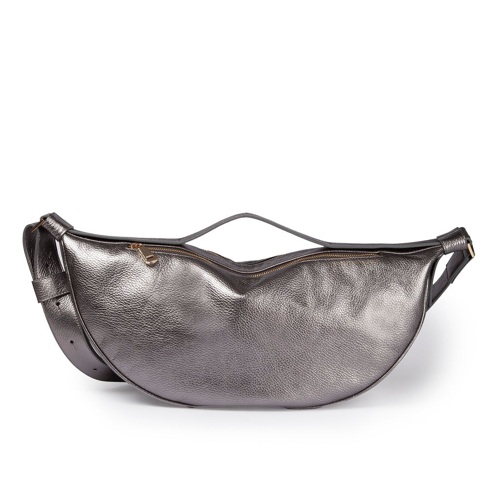 Micol Banana cross body in hammered metal calfskin with adjustable shoulder strap