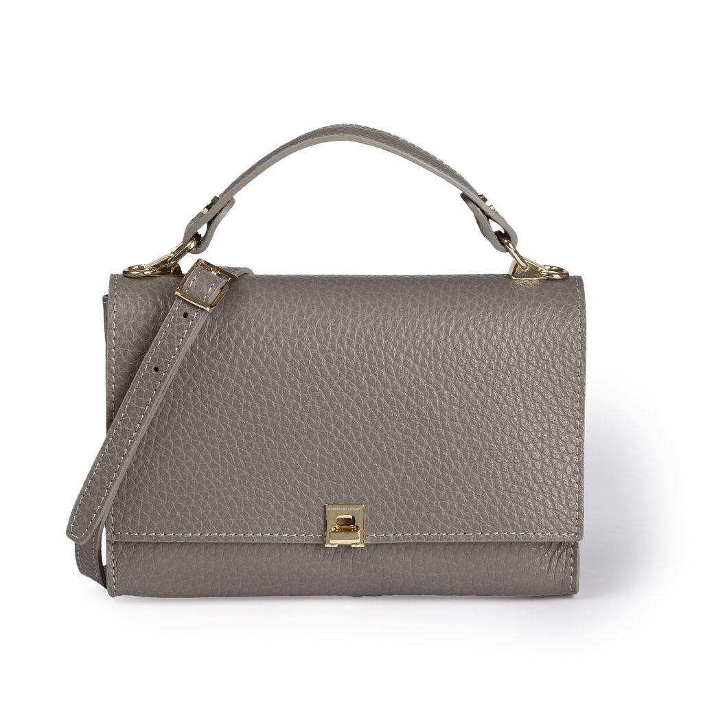 Elodie compact crossbody leather bag with internal partition and external pocket with detachable and adjustable shoulder strap