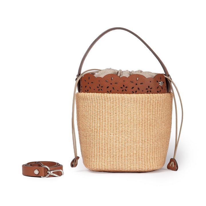 Diletta Bucket in raffia with lasered leather flounce and detachable shoulder strap