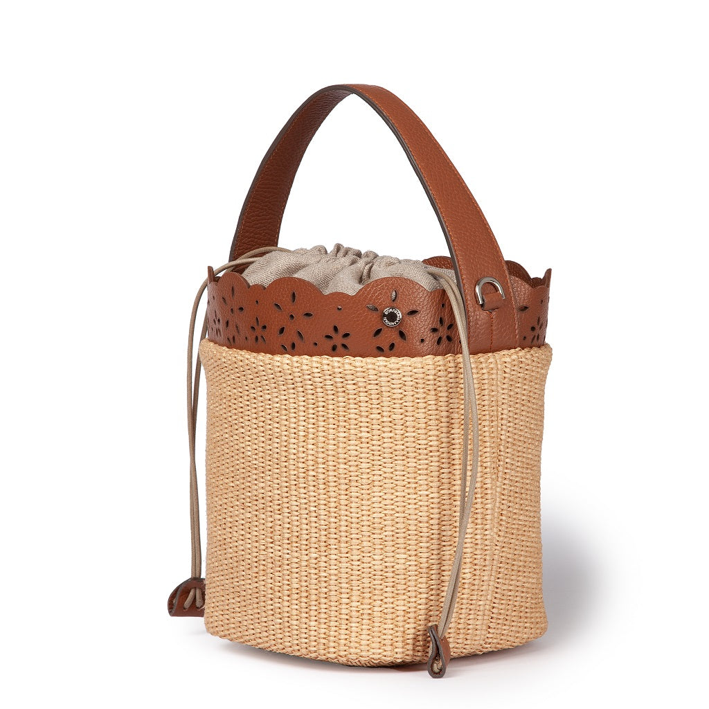 Diletta Bucket in raffia with lasered leather flounce and detachable shoulder strap