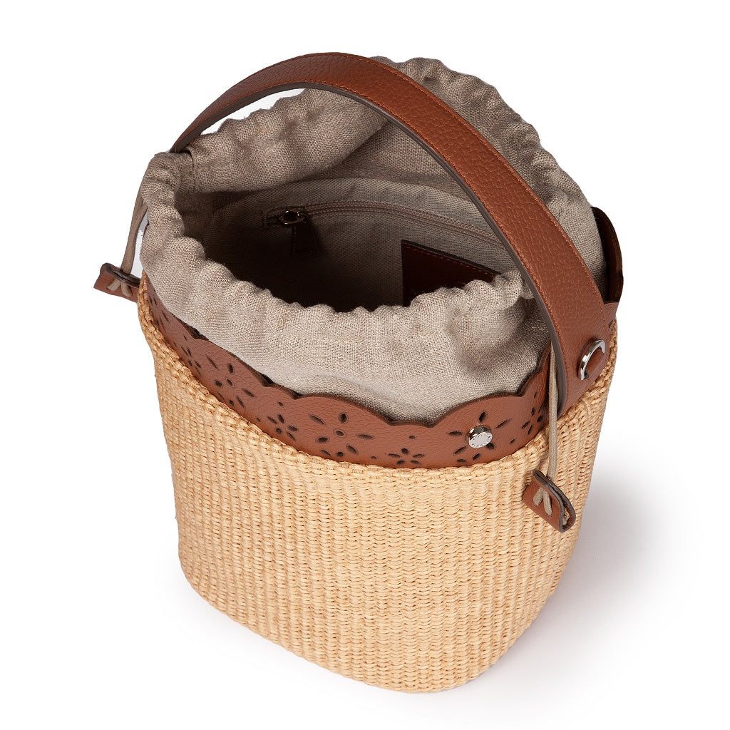 Diletta Bucket in raffia with lasered leather flounce and detachable shoulder strap