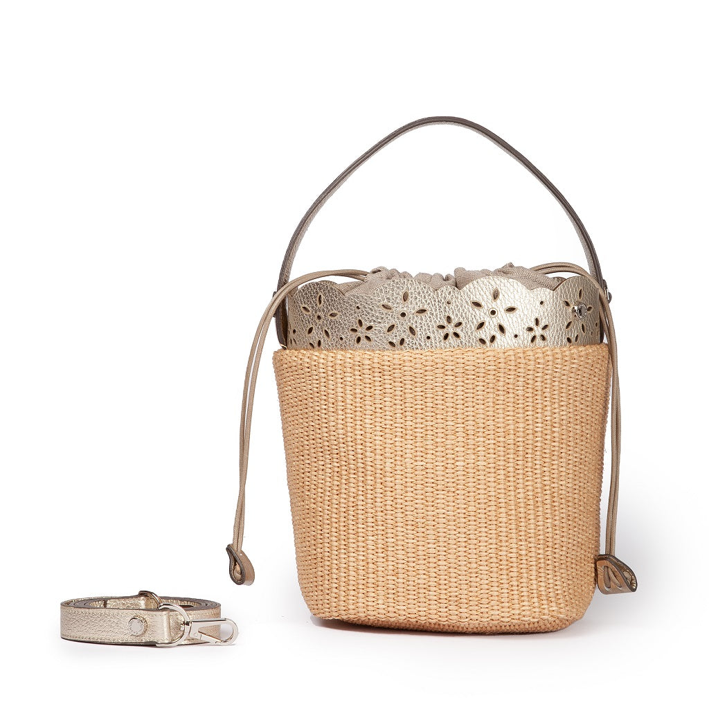 Diletta Bucket in raffia with lasered leather flounce and detachable shoulder strap