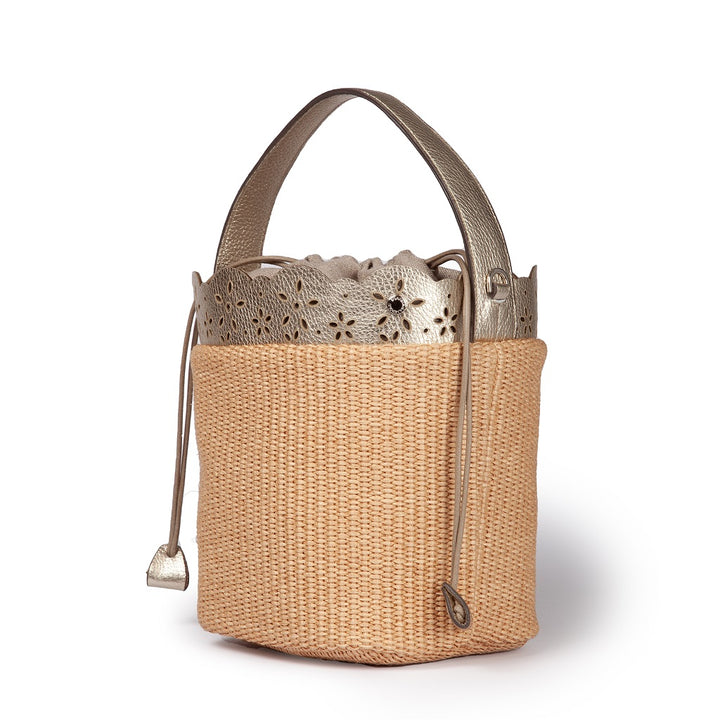 Diletta Bucket in raffia with lasered leather flounce and detachable shoulder strap