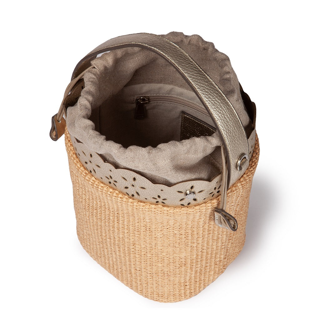 Diletta Bucket in raffia with lasered leather flounce and detachable shoulder strap