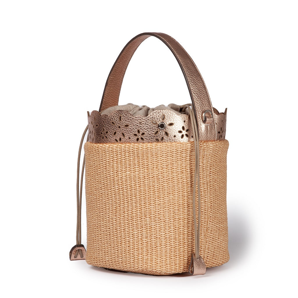 Diletta Bucket in raffia with lasered leather flounce and detachable shoulder strap