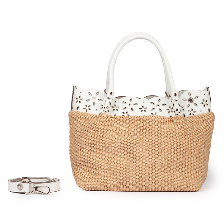 Diletta Handbag in raffia with lasered leather flounce and detachable shoulder strap