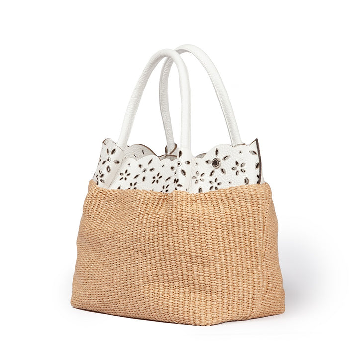 Diletta Handbag in raffia with lasered leather flounce and detachable shoulder strap