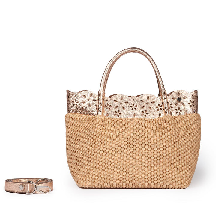 Diletta Handbag in raffia with lasered leather flounce and detachable shoulder strap
