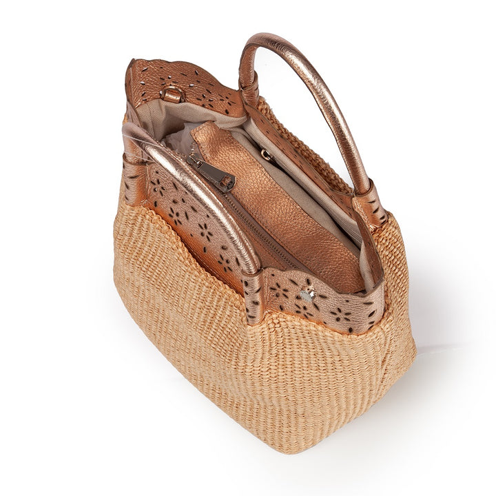 Diletta Handbag in raffia with lasered leather flounce and detachable shoulder strap