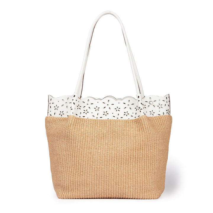 Diletta Shopping - Raffia tote with laser-cut leather flounce and detachable shoulder strap