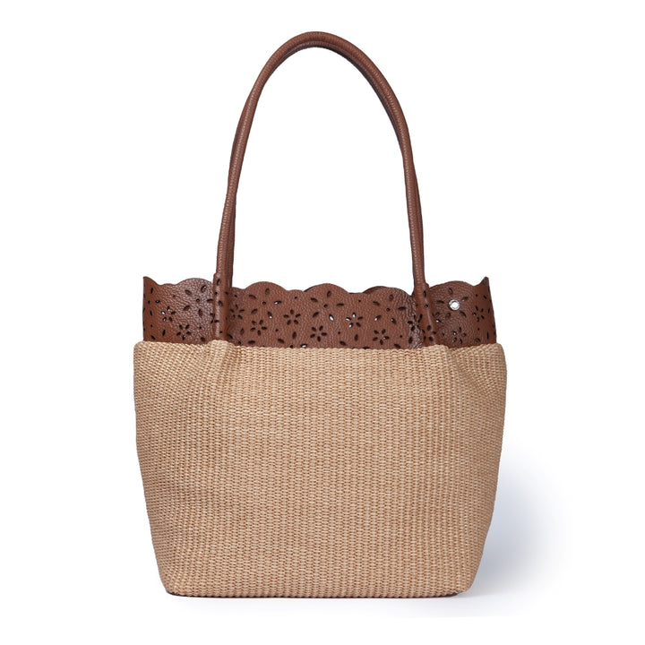 Diletta Shopping - Raffia tote with laser-cut leather flounce and detachable shoulder strap