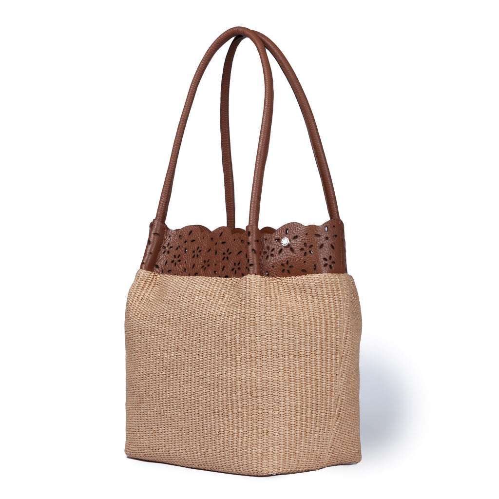 Diletta Shopping - Raffia tote with laser-cut leather flounce and detachable shoulder strap