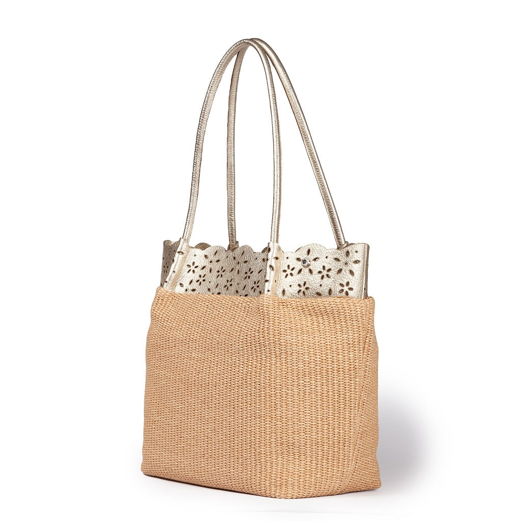 Diletta Shopping - Raffia tote with laser-cut leather flounce and detachable shoulder strap