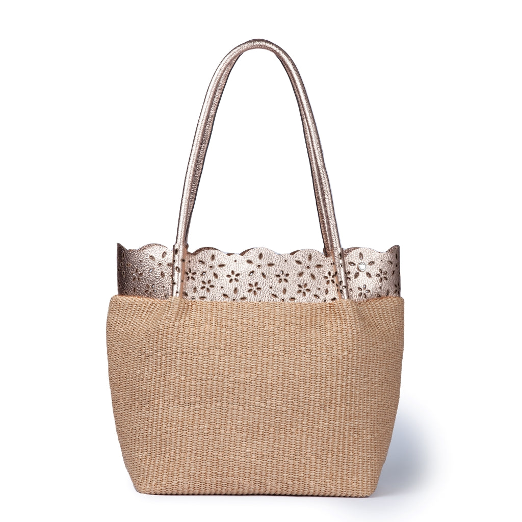 Diletta Shopping - Raffia tote with laser-cut leather flounce and detachable shoulder strap