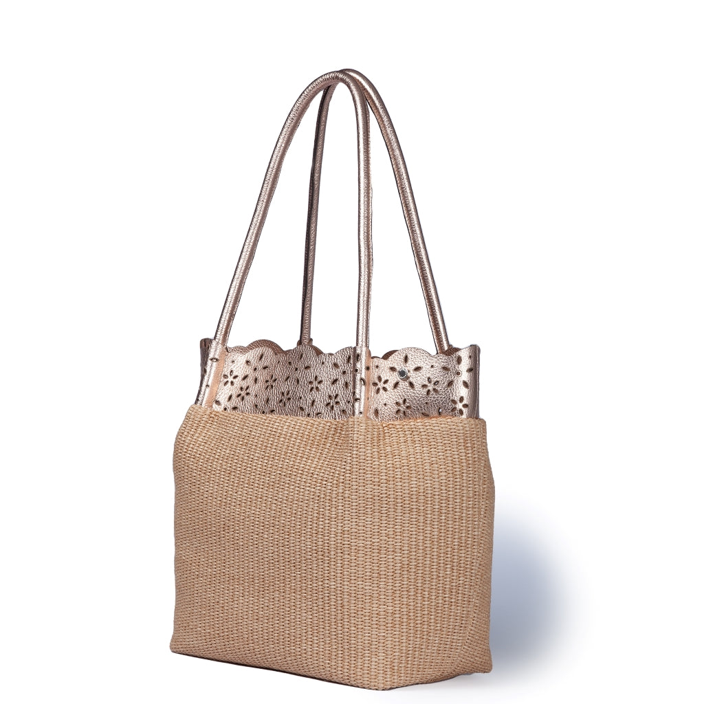 Diletta Shopping - Raffia tote with laser-cut leather flounce and detachable shoulder strap