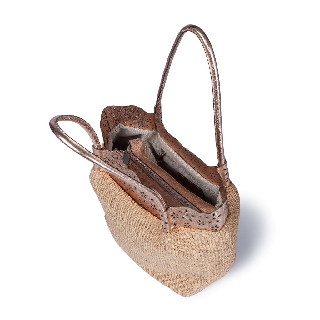 Diletta Shopping - Raffia tote with laser-cut leather flounce and detachable shoulder strap