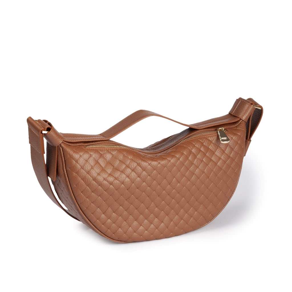 Micol Banana small Woven cross body in vitello stampato intreccio con tracolla regolabile