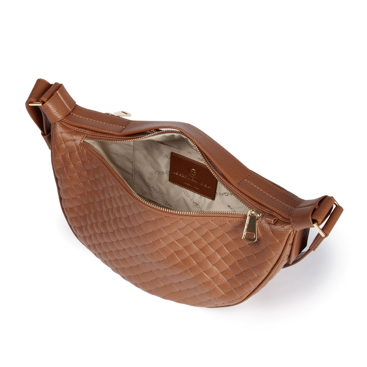 Micol Banana small Woven cross body in vitello stampato intreccio con tracolla regolabile