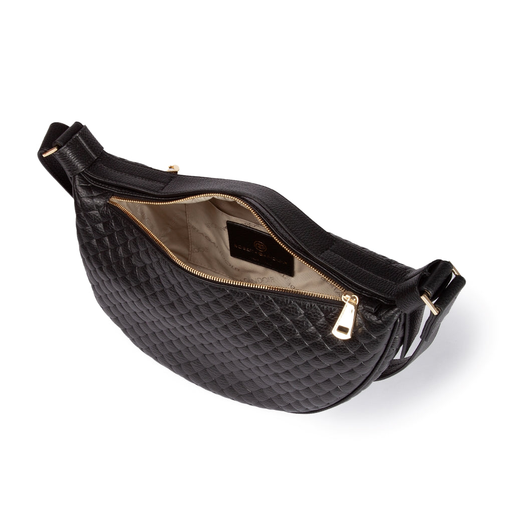 Micol Banana small Woven cross body in vitello stampato intreccio con tracolla regolabile