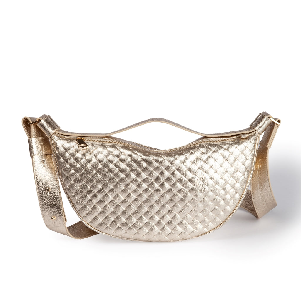 Micol Banana small Woven cross body in vitello stampato intreccio con tracolla regolabile