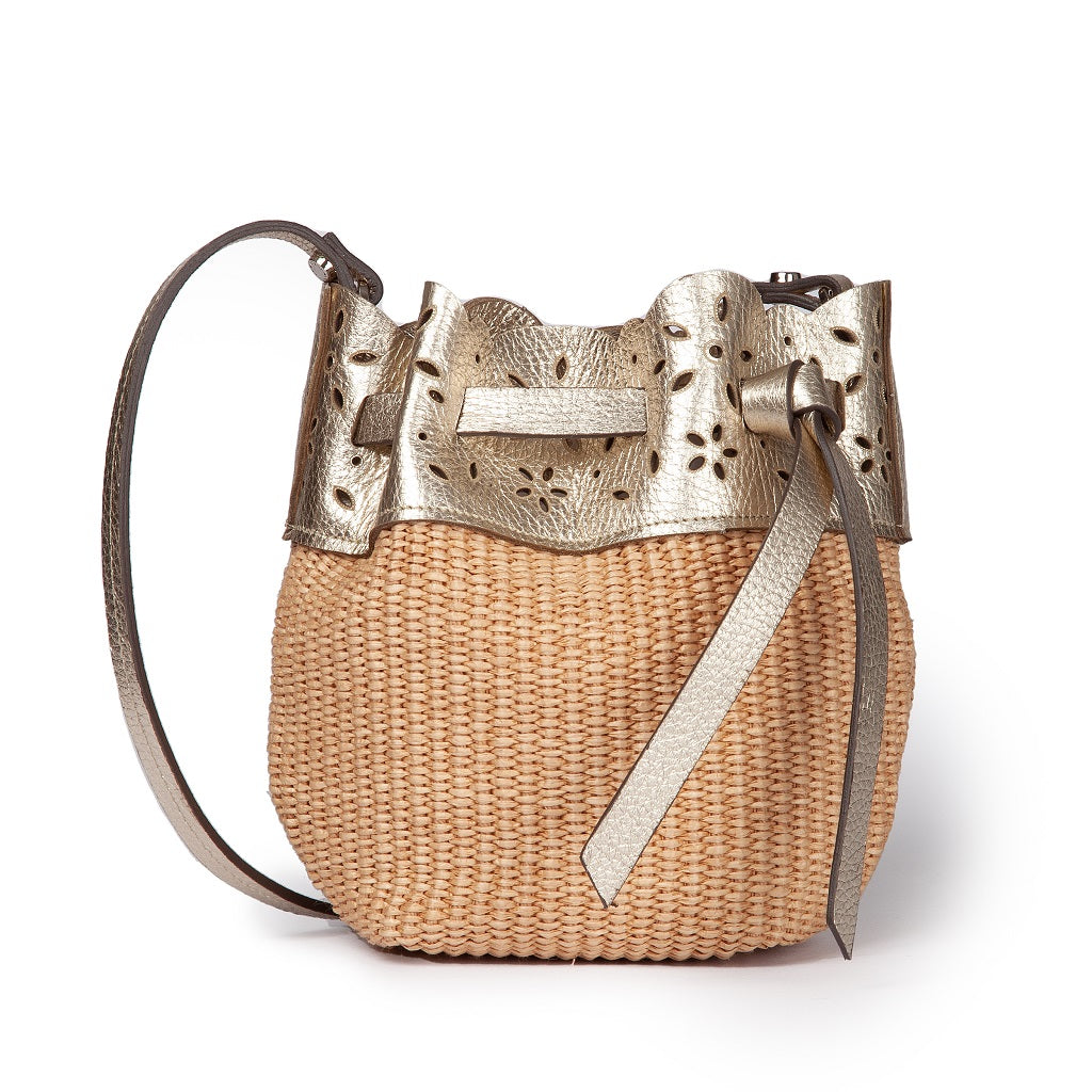 Diletta Mini Bucket in raffia with lasered leather flounce and detachable shoulder strap