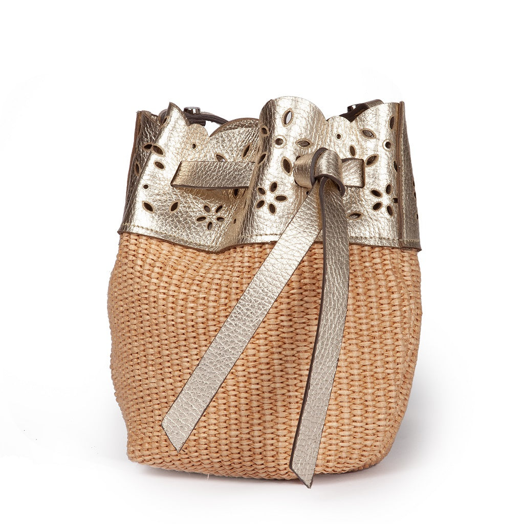 Diletta Mini Bucket in raffia with lasered leather flounce and detachable shoulder strap