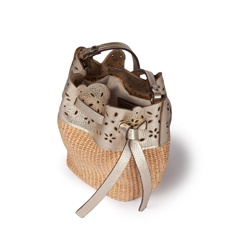 Diletta Mini Bucket in raffia with lasered leather flounce and detachable shoulder strap