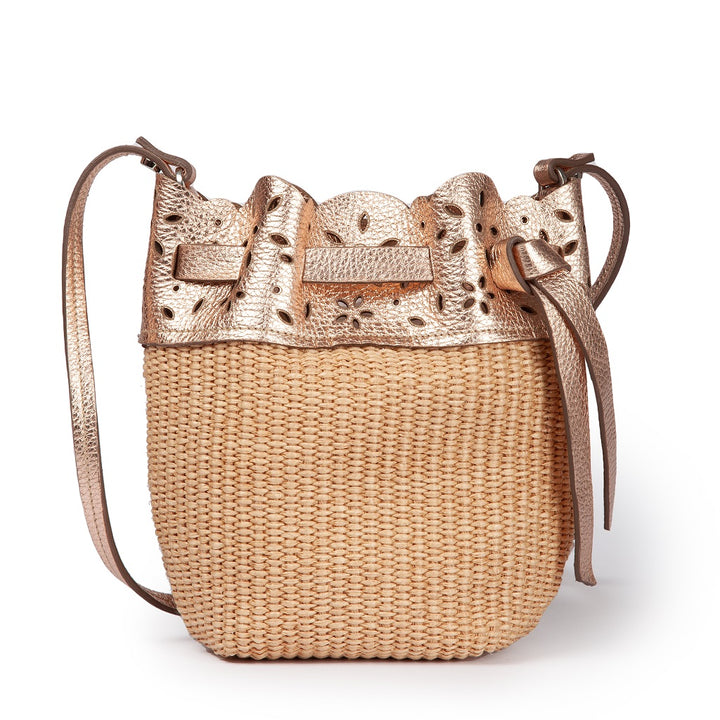 Diletta Mini Bucket in raffia with lasered leather flounce and detachable shoulder strap