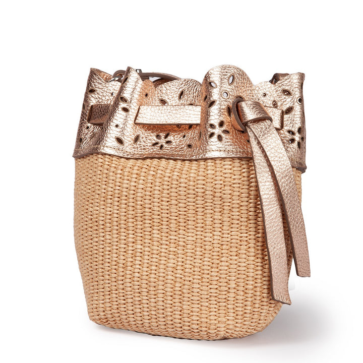 Diletta Mini Bucket in raffia with lasered leather flounce and detachable shoulder strap