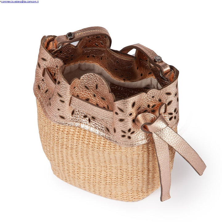 Diletta Mini Bucket in raffia with lasered leather flounce and detachable shoulder strap