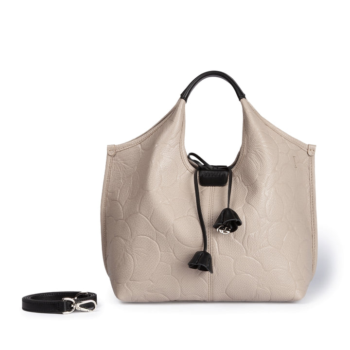 Viola leather handbag with delicate floral print and detachable shoulder strap