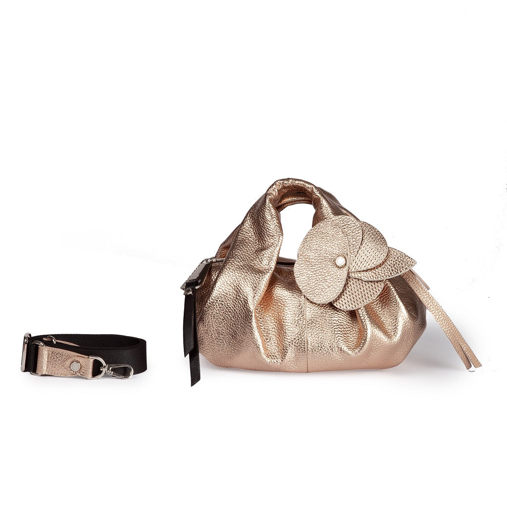 Emily small in hammered leather with removable floral decoration and adjustable shoulder strap