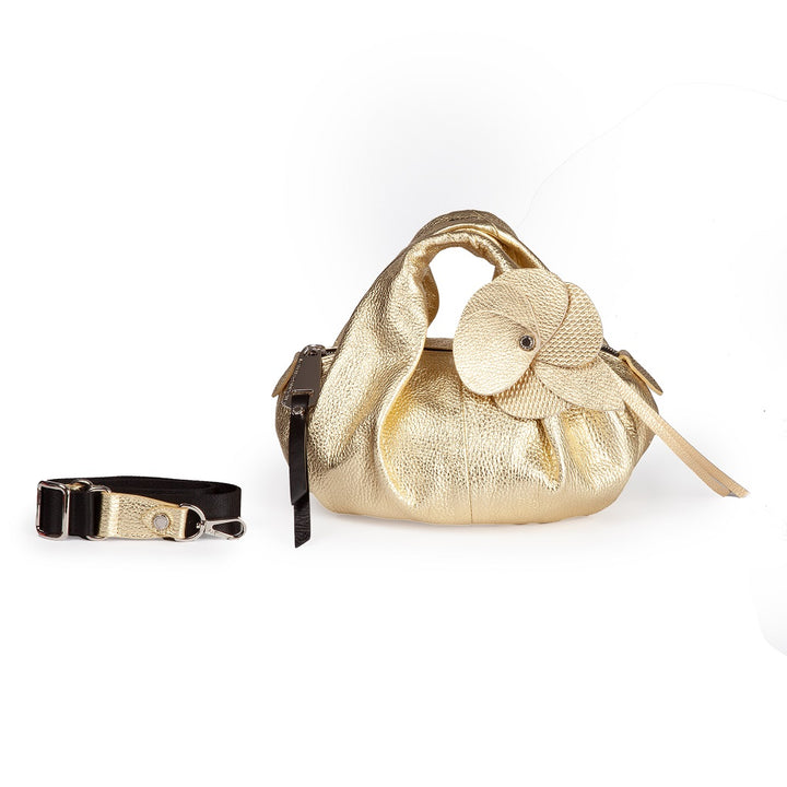 Emily small in hammered leather with removable floral decoration and adjustable shoulder strap