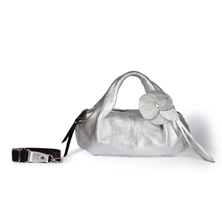 Emily large in hammered leather with removable floral decoration and adjustable shoulder strap