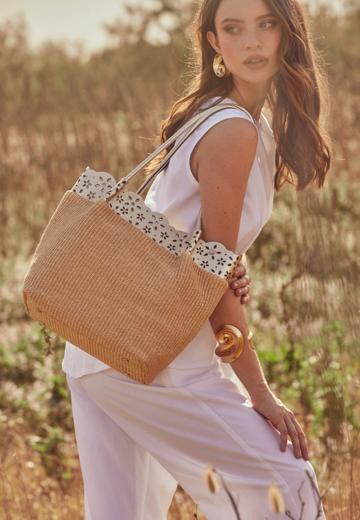 Diletta Shopping - Raffia tote with laser-cut leather flounce and detachable shoulder strap