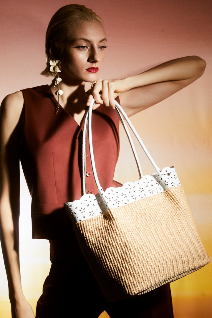 Diletta Shopping - Raffia tote with laser-cut leather flounce and detachable shoulder strap